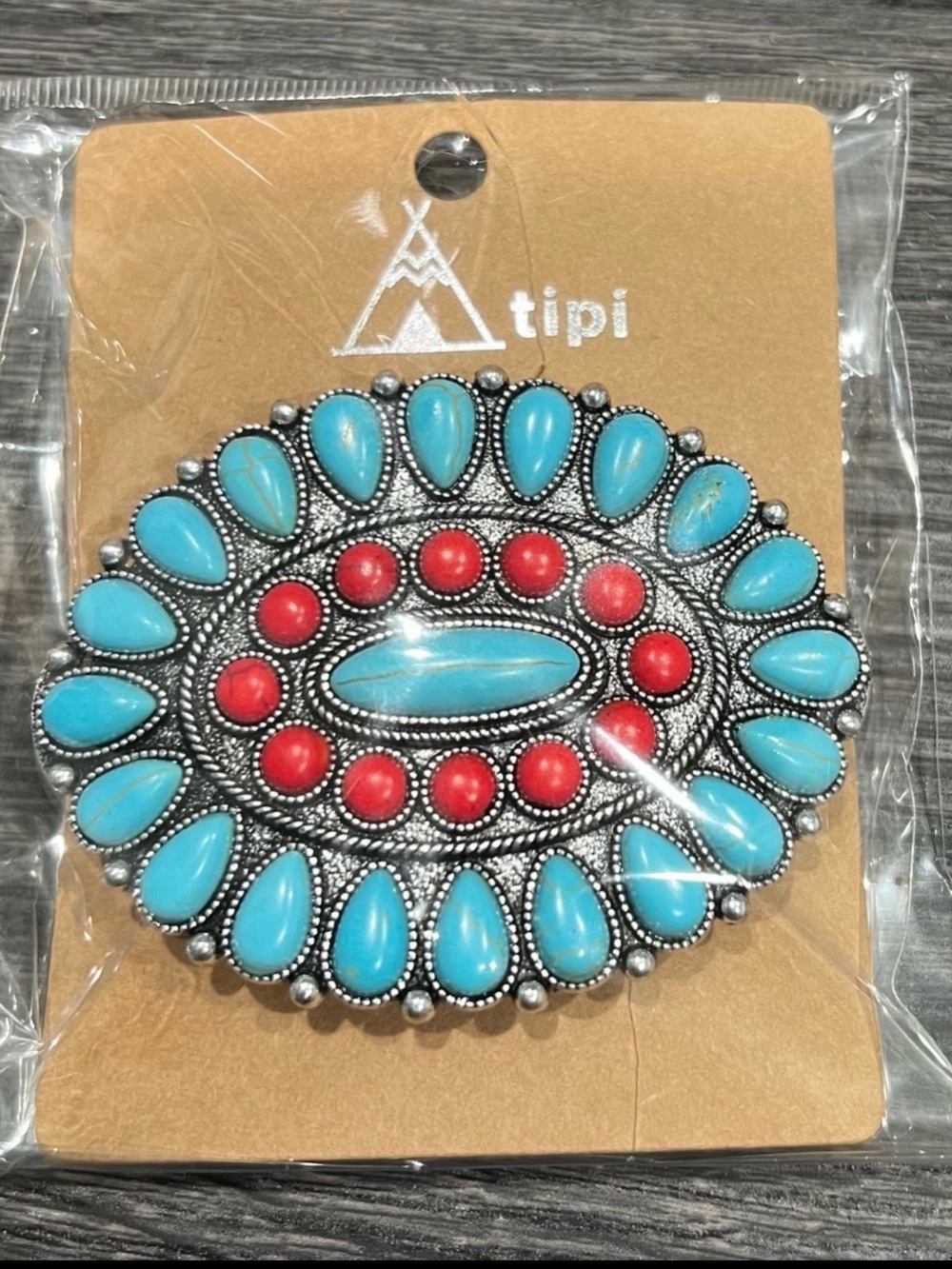 Turquoise & Red Western Oval Concho Brooch